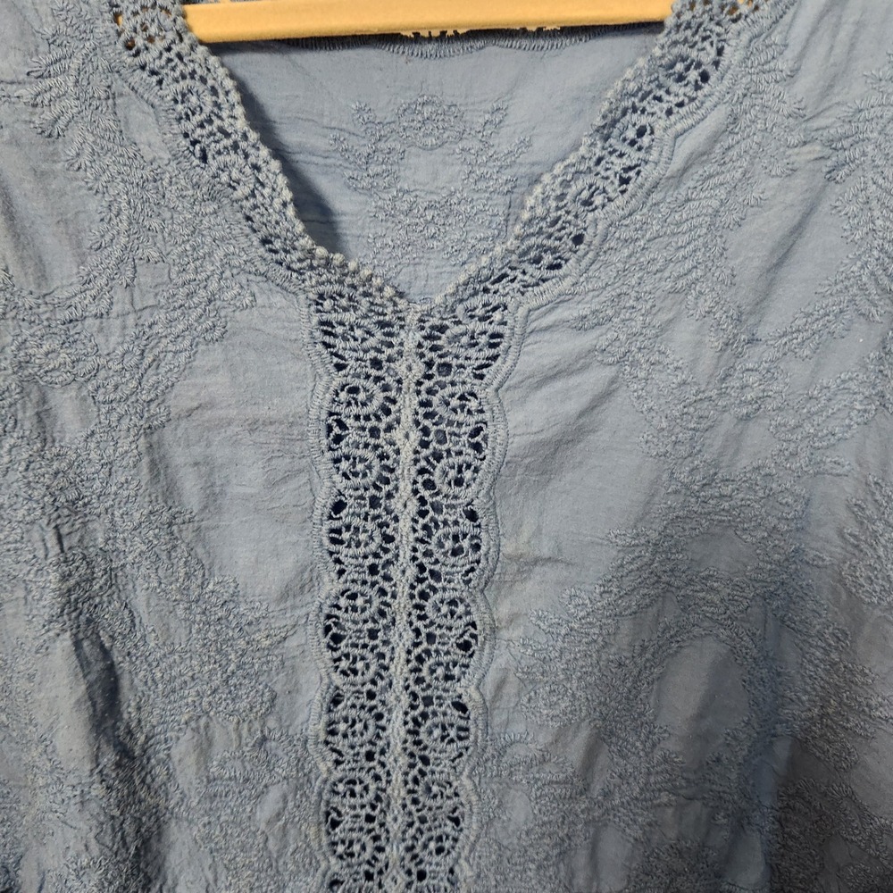 Democracy Women's 100% Cotton Plus Size 3X Crochet V-Neck Short Sleeve Top Blue - Picture 3 of 12